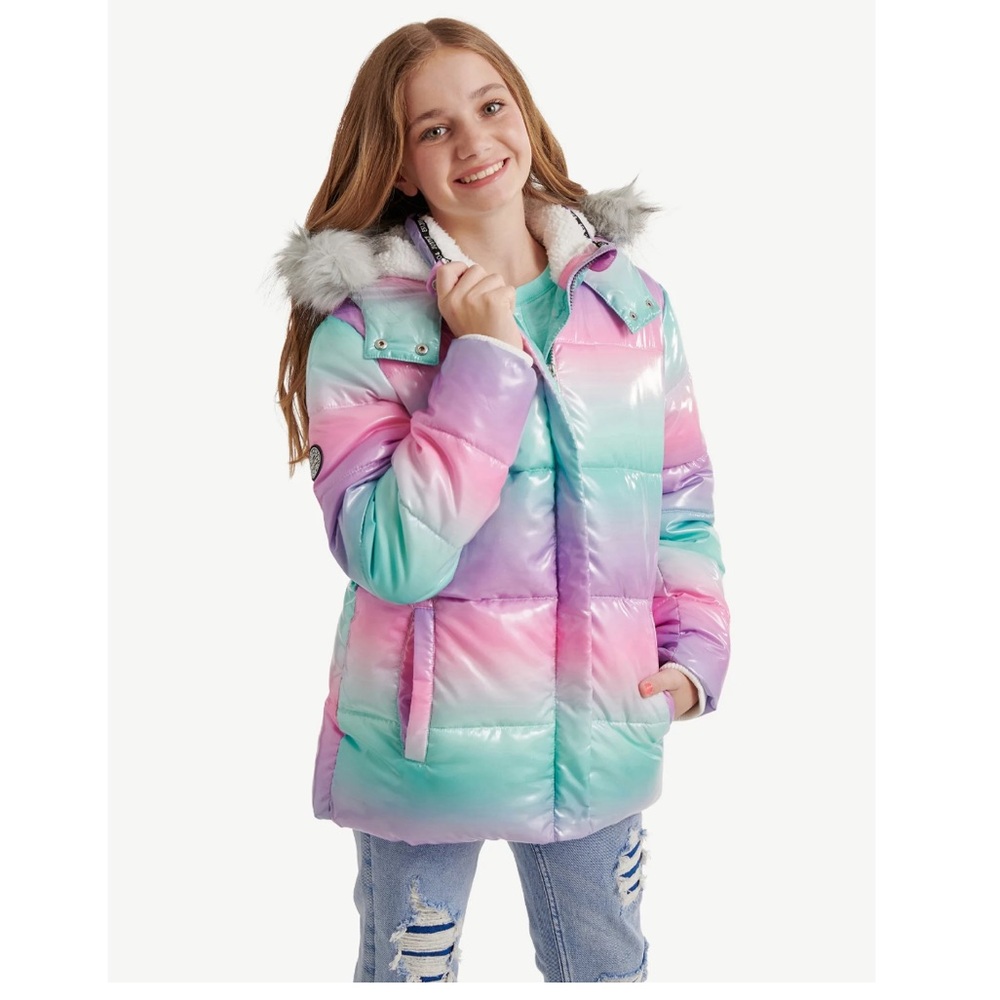 Justice Girls Puffer Jacket with Faux Fur Lined Hood,